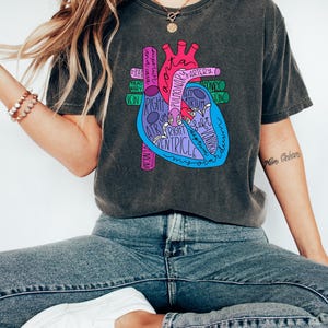 Puede incluir: Camiseta gris oscuro con un diagrama anat&oacute;mico del coraz&oacute;n colorido, etiquetado con t&eacute;rminos como "aorta" y "ventr&iacute;culo". El dise&ntilde;o incluye elementos rosas, azules y morados. La camiseta se combina con vaqueros azules y zapatos blancos.