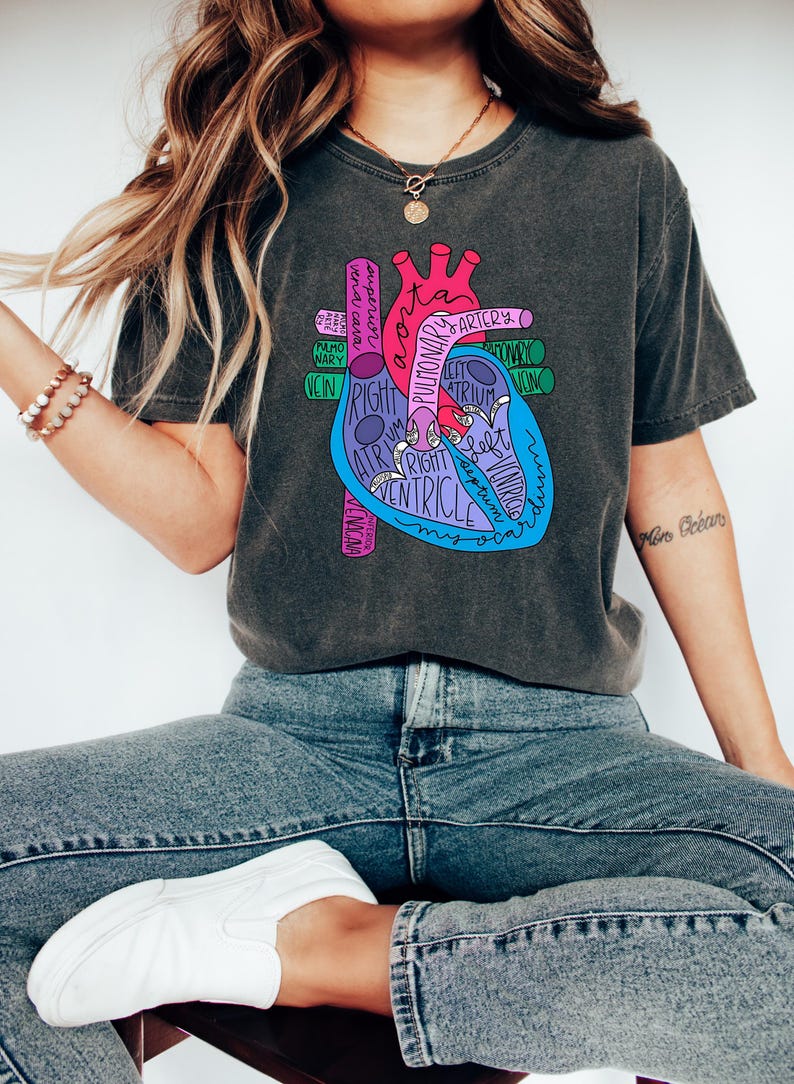 Puede incluir: Camiseta gris oscuro con un diagrama anat&oacute;mico del coraz&oacute;n colorido, etiquetado con t&eacute;rminos como "aorta" y "ventr&iacute;culo". El dise&ntilde;o incluye elementos rosas, azules y morados. La camiseta se combina con vaqueros azules y zapatos blancos.