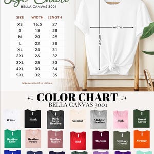 Puede incluir: Una camiseta blanca Bella Canvas 3001 en una percha de madera. La imagen incluye una tabla de tallas con medidas en pulgadas, que van desde la XS hasta la 5XL. Una carta de colores muestra varios colores de camisa, incluyendo negro, rosa y rojo.