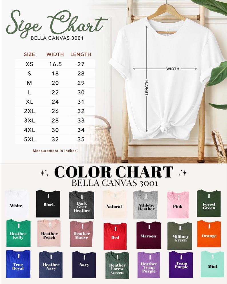 Puede incluir: Una camiseta blanca Bella Canvas 3001 en una percha de madera. La imagen incluye una tabla de tallas con medidas en pulgadas, que van desde la XS hasta la 5XL. Una carta de colores muestra varios colores de camisa, incluyendo negro, rosa y rojo.