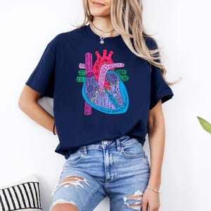 Puede incluir: Camiseta azul marino con una colorida ilustraci&oacute;n de un coraz&oacute;n anat&oacute;mico. El dise&ntilde;o del coraz&oacute;n incluye partes etiquetadas en varios colores, como rosa, azul y verde. Una prenda de vestir informal.