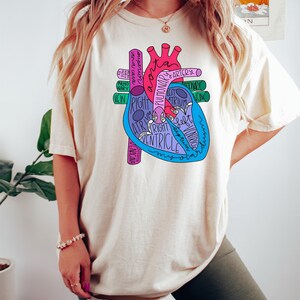 Puede incluir: Camiseta color crema con un colorido diagrama anat&oacute;mico del coraz&oacute;n. El diagrama incluye etiquetas como "aorta", "arteria pulmonar" y "ventr&iacute;culo derecho". El dise&ntilde;o es en tonos de rosa, azul y morado.
