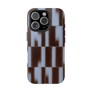 May include: A smartphone case featuring a brown and pale blue chequered design. The case has a rectangular form with rounded corners and a multi-lens camera module. The pattern is a repeating arrangement of vertical stripes.