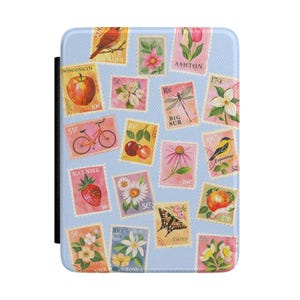 Vintage stämpel Kindle-fodral blått portomönster e-läsarfodral söt retro postkollage Kindle-fodral skyddande estetisk presenttillbehör