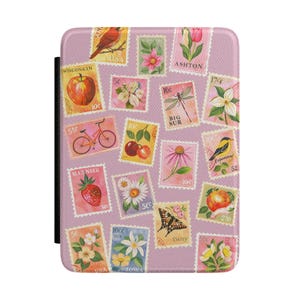 Vintage stämpel Kindle-fodral rosa portomönster e-läsarfodral söt retro postkollage Kindle-fodral skyddande estetisk presenttillbehör