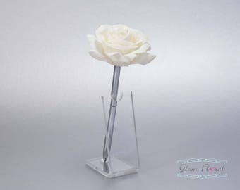 Cream White Rose Guestbook Pen. Silver Wedding Pen Set, Wedding Pen Holder, Real Touch Rose Flowers, White, Ivory. Tea Rose Collection