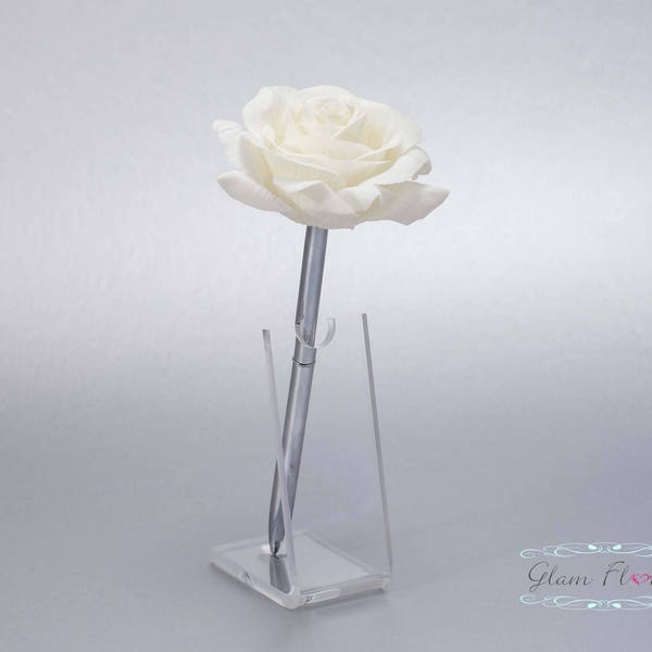 Cream White Rose Guestbook Pen. Silver Wedding Pen Set, Wedding Pen Holder, Real Touch Rose Flowers, White, Ivory. Tea Rose Collection