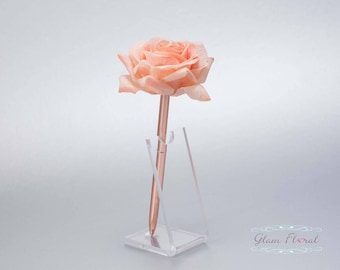 Coral Peach Rose Guestbook Pen. Rose Gold Wedding Pen Set, Wedding Pen Holder, Real Touch Rose Flowers. Tea Rose Collection