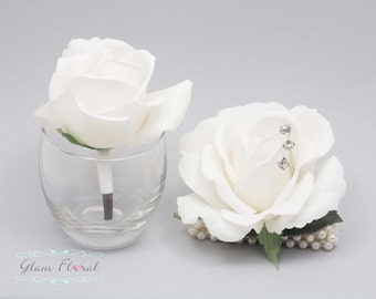 White Rose Wrist Corsage and Boutonniere Set. Real Touch Flowers. Caroline Rose Collection