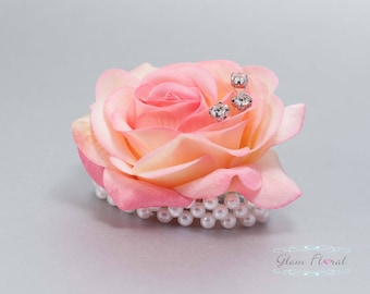 Child's Wrist Corsage. Small Confetti Coral Rose w. rhinestones, pearls.  Flower girl bracelet. Father Daughter Dance. Tea Rose Collection