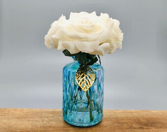 Real Touch Rose Flower Arrangement. Cream White Roses in Faux Water Teal Aqua Gold Glass Vase. White Rose Bouquet. Wedding Centerpiece.