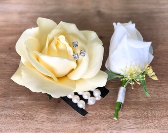 Light Yellow Rose Wrist Corsage and Boutonniere Set. Real Touch Flowers Roses. LIMITED QUANTITY