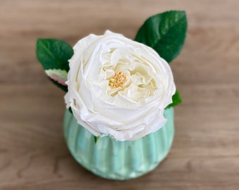 Single Rose Real Touch Flower Arrangement. White Rose in Light Sage Green Vase. Cream White Austin Cabbage Rose Wedding Centerpiece Bouquet
