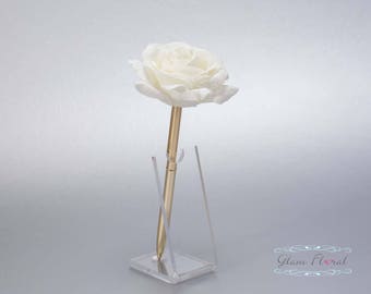 Cream White Rose Guestbook Pen. Gold Wedding Pen Set, Wedding Pen Holder, Real Touch Rose Flowers, White, Ivory. Tea Rose Collection