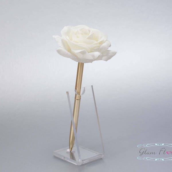 Creme-weiße Rose Gästebuch Stift. Gold Hochzeit Pen-Set, Hochzeit Stifthalter, Real Touch Rose Blumen, Weiß, Elfenbein. Tea Rose Kollektion