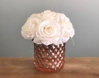 Real Touch Rose Flower Arrangement. Cream White Roses in Faux Water Round Glass Rose Gold Mirror Vase. Rose Wedding Centerpiece