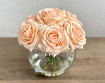 Real Touch Rose Flower Arrangement. Peach Roses in Clear Faux Water Round Glass Bubble Vase. Light Pink Rose Wedding Centerpiece Bouquet