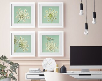 Qeen Anne's Lace Flowers Collection Prints, Digital Download, Home Decor Teal Aqua Mint Green Turquoise Monochrome Flower Photography Print