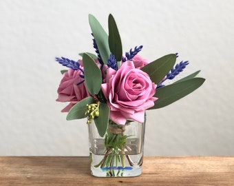 Real Touch Flower Arrangement. Purple Roses Eucalyptus Lavender in Clear Faux Water Square Cube Glass Vase. Centerpiece Bouquet. Wedding