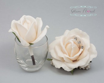 Ivory Rose Wrist Corsage and Boutonniere Set. Real Touch Flowers. Caroline Rose Collection