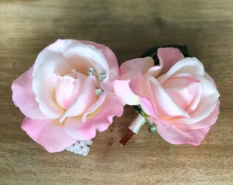 Light Pink Glitter Edge Rose Flower Hair Elastic/Wrist Corsage & Brooch Pin 