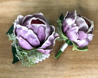 Purple Peony Wrist Corsage & Boutonniere. Real Touch Wedding Bridal Silk Flowers. mother, bridesmaid, prom flower bracelet wristlet, Peonies