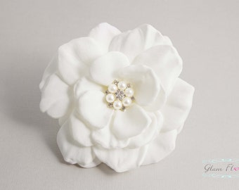 Real Touch Gardenia Hair Clip with Rhinestone Crystals Pearls / Brooch / Corsage, Real Touch Gardenia Rose Fascinator in Natural Cream White