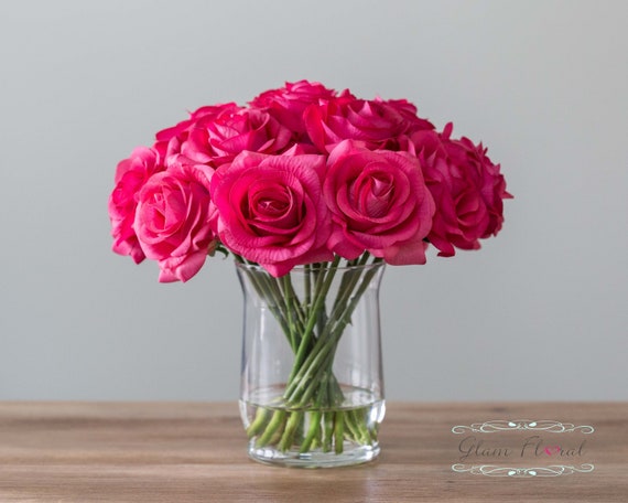 Real Touch Rose Flower Arrangement Fuchsia Dark Pink Roses In Etsy
