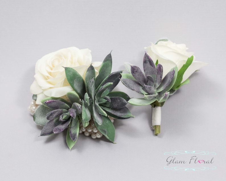 Succulent Corsage and Boutonniere Set - Real Touch Flowers, Prom Corsage, Succulent Boutonniere, Succulent Wrist Corsage, White and Green 