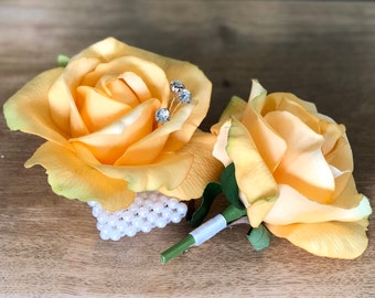 Apricot Yellow Rose Wrist Corsage and Boutonniere Set. Real Touch Flowers Roses. LIMITED QUANTITY