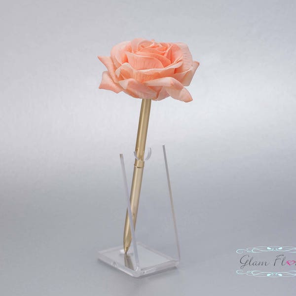 Coral Peach Rose Guestbook Pen. Gold Wedding Pen Set, Wedding Pen Holder, Real Touch Rose Flowers. Tea Rose Collection