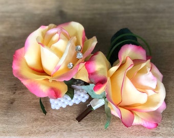 Yellow & Pink Rose Wrist Corsage and Boutonniere Set. Real Touch Flowers Roses. LIMITED QUANTITY