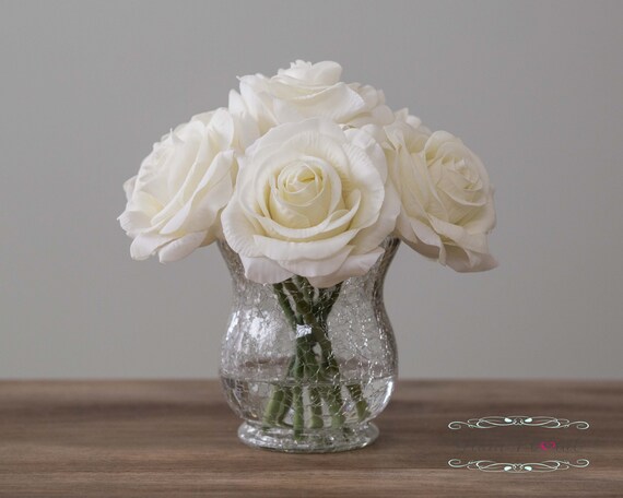 Real Touch Rose Flower Arrangement Cream White Roses In Faux Etsy