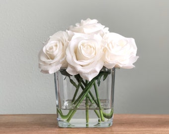 Real Touch Rose Flower Arrangement. Cream White Roses in Faux Water Clear Glass Cube Vase. White Rose Wedding Centerpiece Bouquet