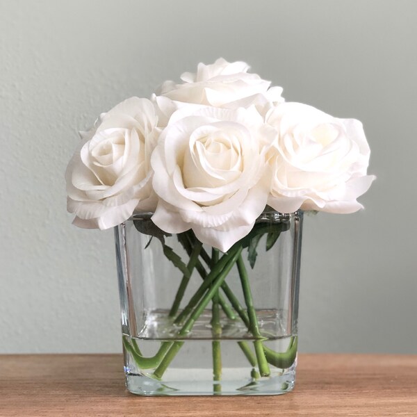 Real Touch Rose Flower Arrangement. Cream White Roses in Faux Water Clear Glass Cube Vase. White Rose Wedding Centerpiece Bouquet