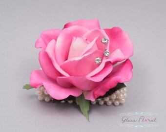 Hot Pink Rose Wrist Corsage- Wedding Flower- Prom Corsage- Real Touch Rose Corsage- Wrist Corsage. Caroline Rose Collection