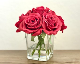 Real Touch Rose Flower Arrangement. Red Roses in Faux Water Clear Glass Cube Vase. Red Rose Christmas Centerpiece Bouquet