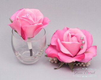 Hot Pink Rose Wrist Corsage and Boutonniere Set. Real Touch Flowers. Caroline Rose Collection