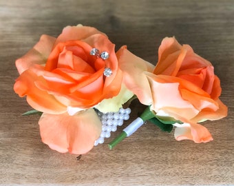 Orange Rose Wrist Corsage and Boutonniere Set. Real Touch Flowers Roses. LIMITED QUANTITY