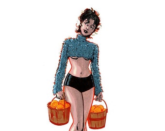 Könnte beinhalten: Eine Frau in einem blauen, flauschigen Pullover und schwarzen Shorts trägt zwei Eimer mit Orangen. Sie trägt gestreifte Socken und Turnschuhe. Vor ihr liegen ein paar Orangen auf dem Boden. Das Bild ist signiert mit "Thomas Pilli".