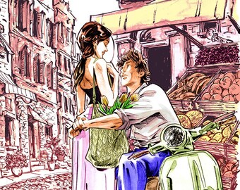 Könnte beinhalten: Ein Paar steht in einer europäischen Stadtstraße, der Mann hält einen Blumenstrauß und sitzt auf einem grünen Roller. Die Frau trägt ein rosa Kleid und hält eine geflochtene Tasche. Im Hintergrund ist ein Backsteingebäude mit einer gelben Markise zu sehen.