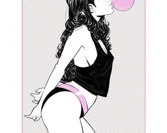 12X16 Bubble, Pink Art Print, Pinup Art, Illustrated Giclee Art Print, Wall Art Illustration, Drawing, Woman, Gift, Sexy Art