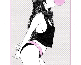 Könnte beinhalten: Eine Schwarzweißillustration einer Person, die eine rosa Blase bläst. Die Person trägt ein schwarzes Tanktop und rosa Unterwäsche. Der Hintergrund ist ein graues und weißes Punkte-Muster.
