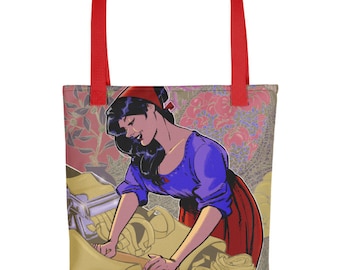 Könnte beinhalten: Eine rote Tragetasche mit einer farbenfrohen Illustration einer Frau, die Pasta macht. Die Frau trägt ein blaues Hemd und einen roten Rock. Der Hintergrund ist ein Blumenmuster.