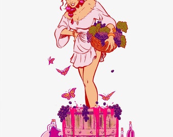 Könnte beinhalten: Eine Frau in einem rosa Kleid steht in einem Holzfass, das mit Trauben gefüllt ist. Das Fass überläuft mit Rotwein. Um sie herum fliegen Schmetterlinge und neben dem Fass steht eine Weinflasche. Der Text "Thomas Frilli" ist unten im Bild signiert.