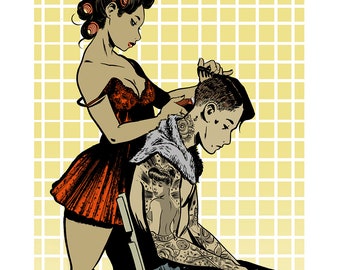 12X16 Wałki do włosów, Pinup i tatuaże, Ilustrowany wydruk artystyczny Giclee, Sztuka Pinup, Ilustracja sztuki ściennej, Rysunek, Dekoracja ścienna, Walentynki
