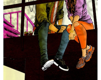 Könnte beinhalten: Comic-Stil-Illustration eines Paares, das sich küssen will. Der Mann trägt eine Brille, eine grüne Jacke und Jeans. Die Frau trägt ein lila Hemd und eine orangefarbene Hose. Sie sitzen auf einer dunklen Oberfläche mit einer rosa Struktur im Hintergrund.