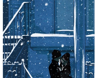 12X18 Winter Huddle, wydruk artystyczny Giclee, sztuka ścienna, rysunek i ilustracja, zima, śnieg, para, miłość, prezent, żona, walentynki, Nowy Jork