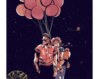 Könnte beinhalten: Ein Paar geht Hand in Hand unter einem sternenklaren Nachthimmel spazieren und hält einen Strauß rosa Ballons. Im Hintergrund ist ein Riesenrad zu sehen.