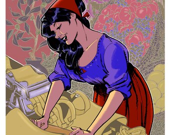 12X16 The Pasta Maker, Ilustrowany wydruk artystyczny, Wydruk giclee, Prezent, Sztuka ścienna, Makaron, Pomidory, Wino, Włoski, Pinup, Piękno, Żona, Kuchnia